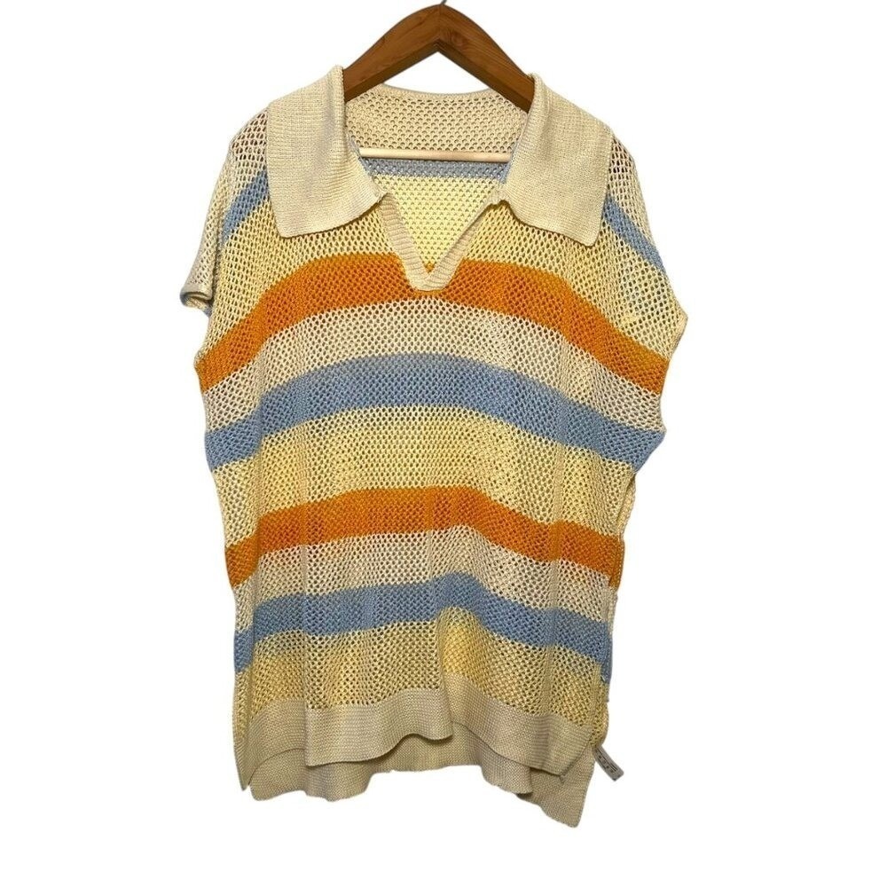 ☘️5/$25 Open Knit Crochet Polo Swim Coverup Striped Preppy Euro Summer One Size